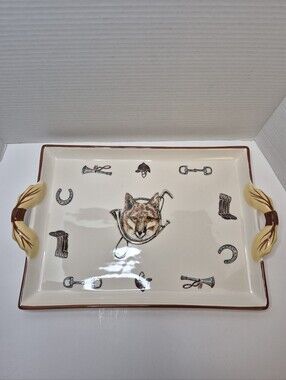 Fox & Horn Equestrian Handled High Fired Porcelain Tray CE Corey NEW Very Rare